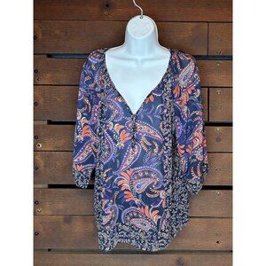 Chaps Womens Paisley Print Blouse With Brass Button Detail 3/4 Sleeves V-Neck Si